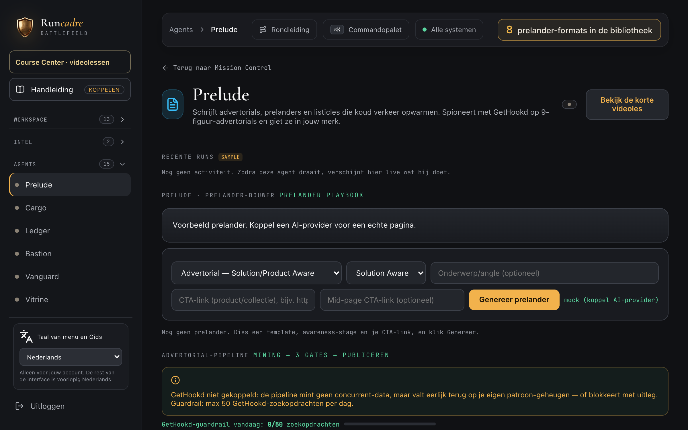 RunCadre-dashboard met Prelude geopend, en de zes Commerce Ops-agents bovenaan in de agentlijst.