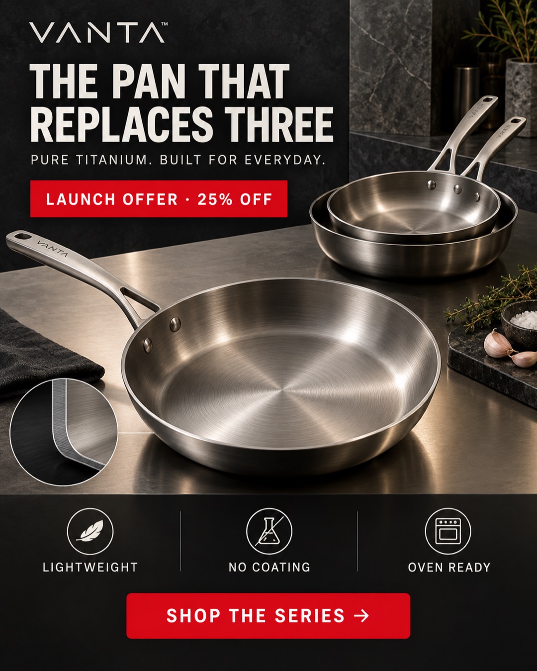 Originele RunCadre offer-ad voor een fictief titanium cookwaremerk