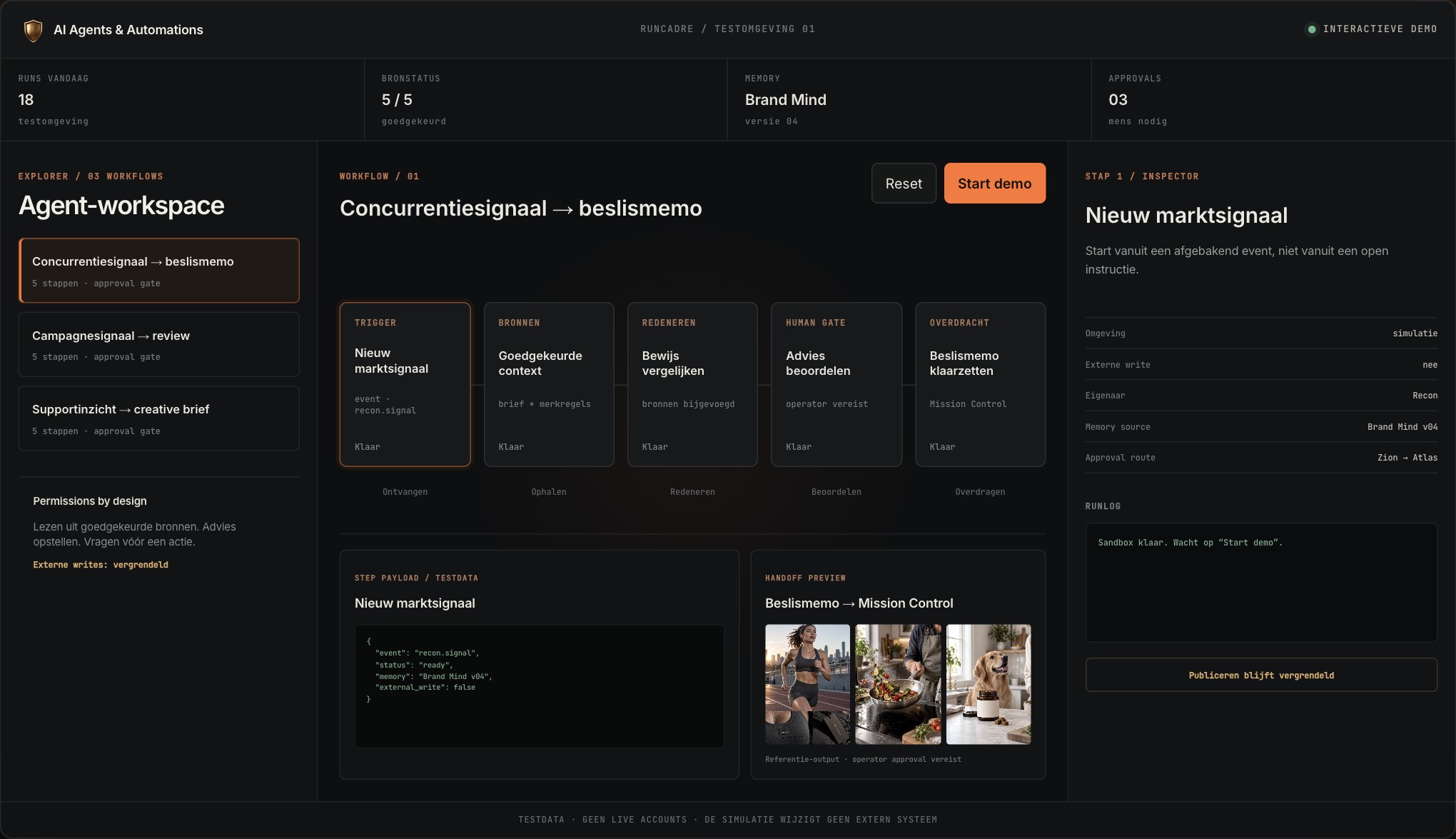 RunCadre AI Agents-workspace met workflowstappen, menselijke approval gate en inspector.