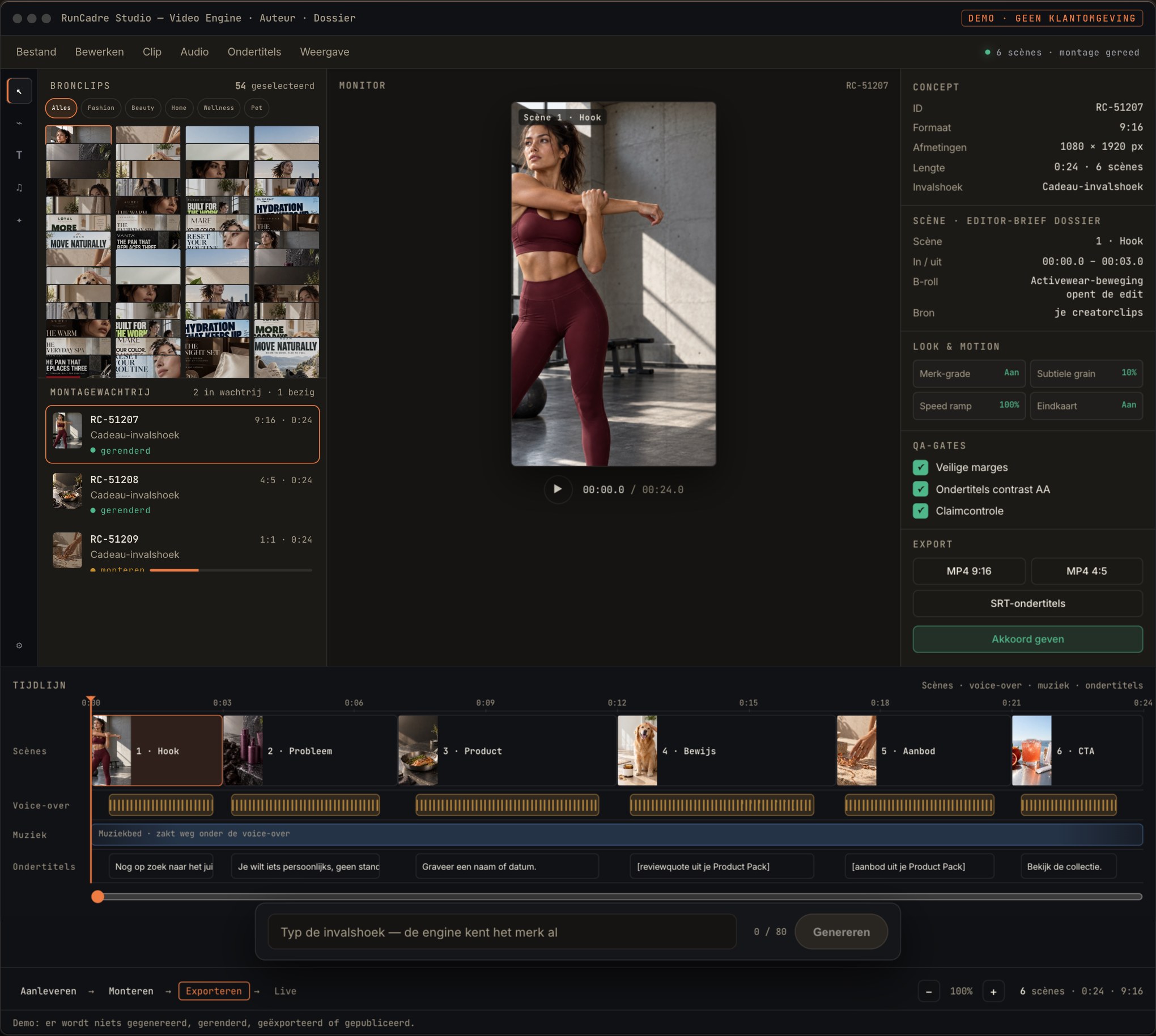 RunCadre Video Engine-studio met bronclips, videomonitor, inspector en tijdlijn.